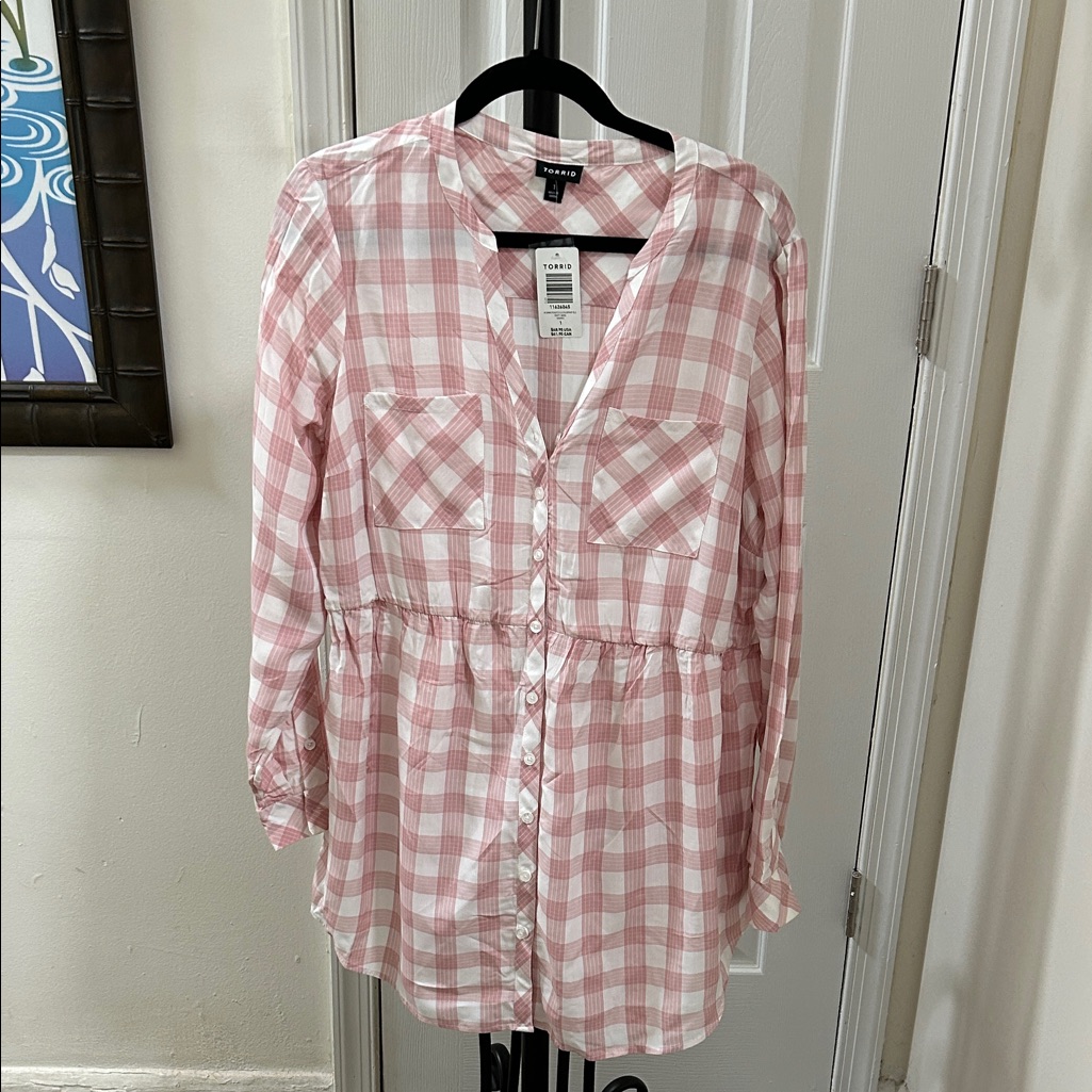 Torrid Pink And White Gingham Button-Front Tunic Shirt